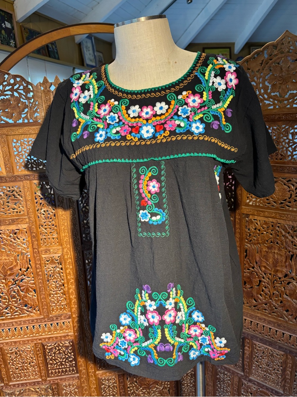 Embroidered Black Floral Peasant Blouse